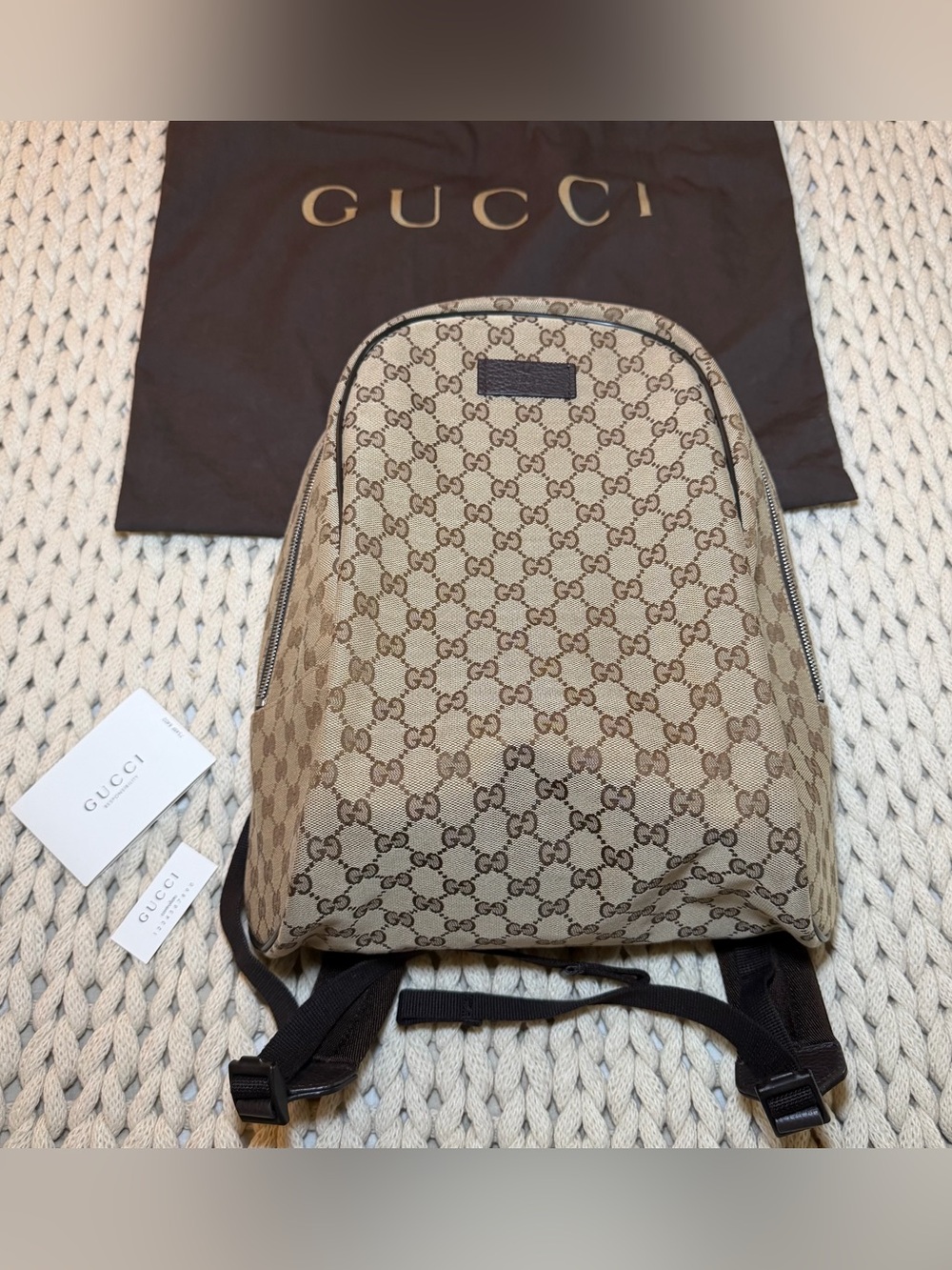 Gucci Authentic Classic GG Canvas Backpack Travel Bag with Cards & Dustbag